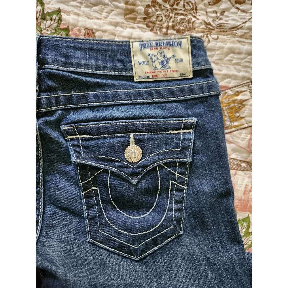 True Religion World Tour Womens Bootcut Blue‎ Jeans Pants Low-rise Rhinestone 32